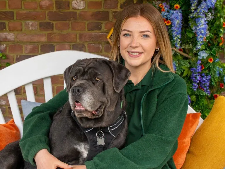 Intake and assessment officer Georgia sitting on bench and smiling at camera with arms around large brown dog